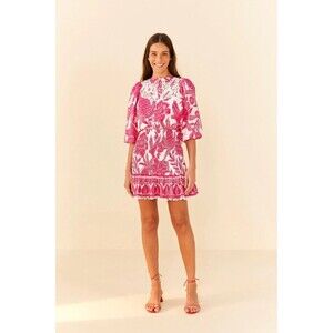 Farm Rio Anthropologie Tropical Woodcut Mini Dress Smocked Cotton Lace L 260829